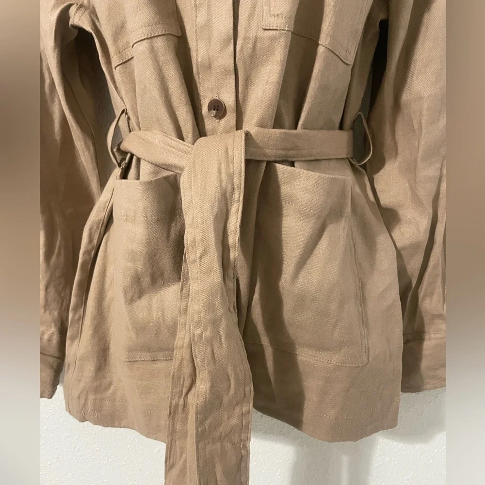 EUC H Halston safari cargo belted linen blend tan jacket size small